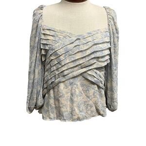 Express Blue Toile Floral Blouse Size Large Pleated Puff Shoulder Lightweight